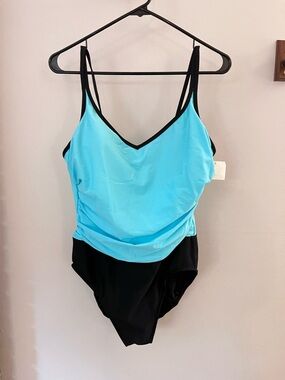 Slimming Black & Aqua Blue One-Piece Swimsuit